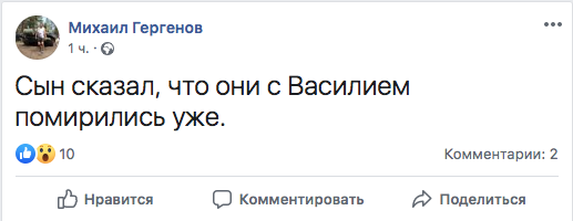 Депутат Гергенов сообщает о примирении своего сына и журналиста у себя в фейсбуке. Фото © Facebook.com / Михаил Гергенов
