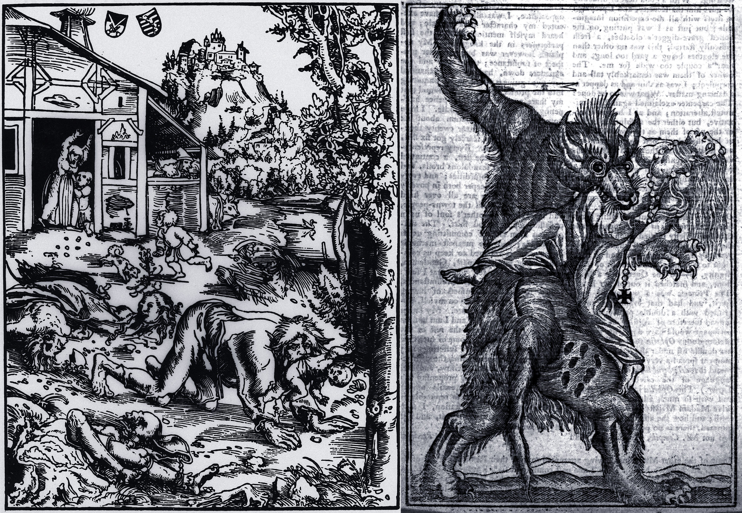 Атака вервольфа. Лукас Кранах — старший, гравюра около 1512 г. (слева). Вервольф нападает на женщину. Рисунок, предположительно, XVIII века (справа). Фото © Getty Images / Photo12 / Universal Images Group, © Wikipedia