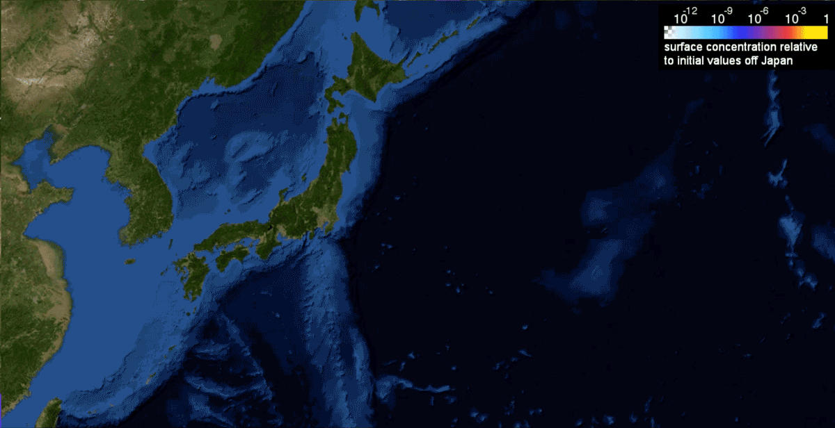 Модель распространения Цезия-137, выброшенного в Тихий океан у "Фукусимы-1" после ядерной аварии. © IOPscience
