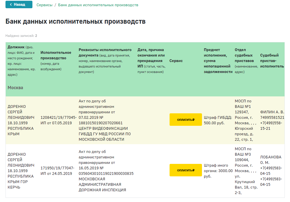 Скриншот страницы ФССП России