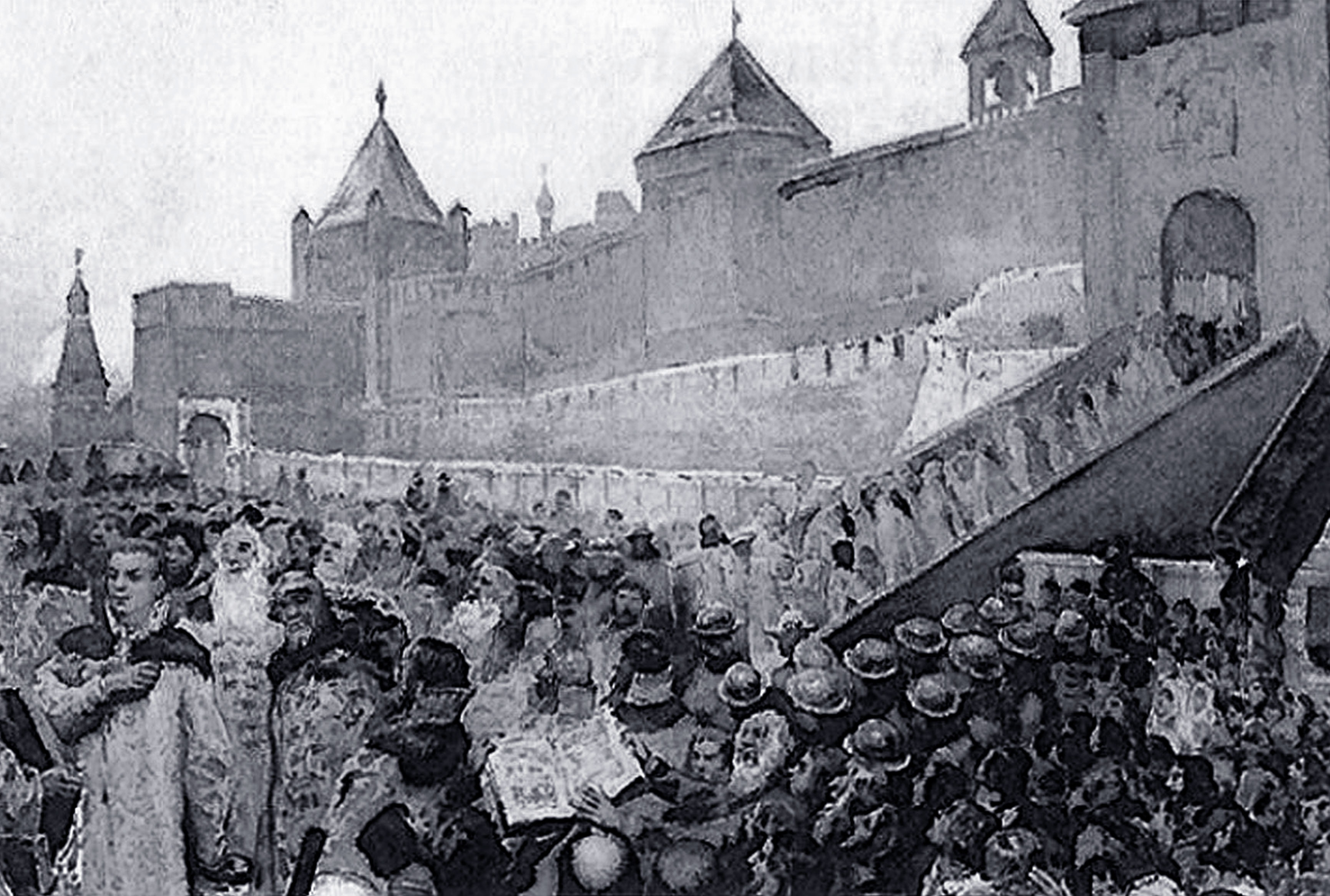 Вступление войск Лжедмитрия I в Москву. Картина К.Ф. Лебедева. Фото © Wikipedia