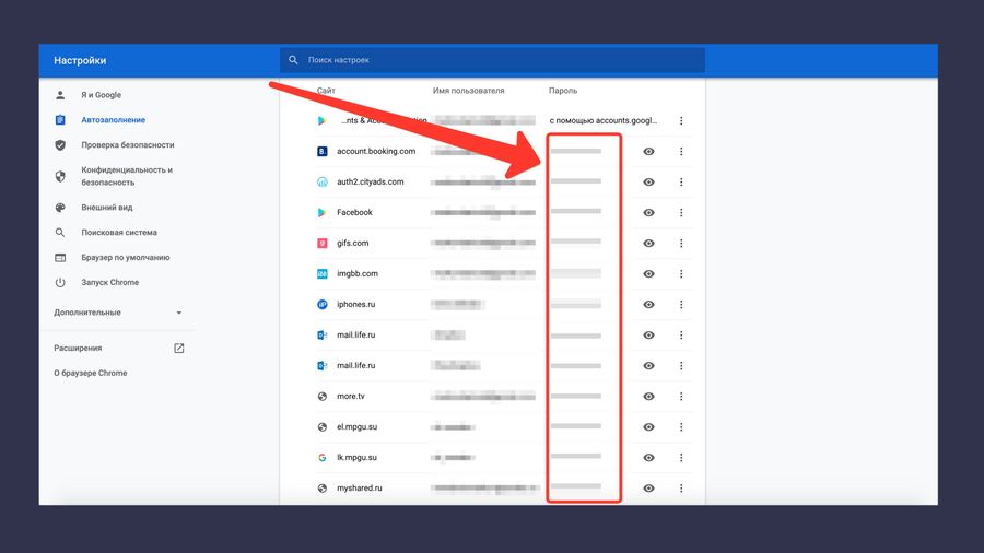 Список сохранённых паролей. Скриншот © LIFE