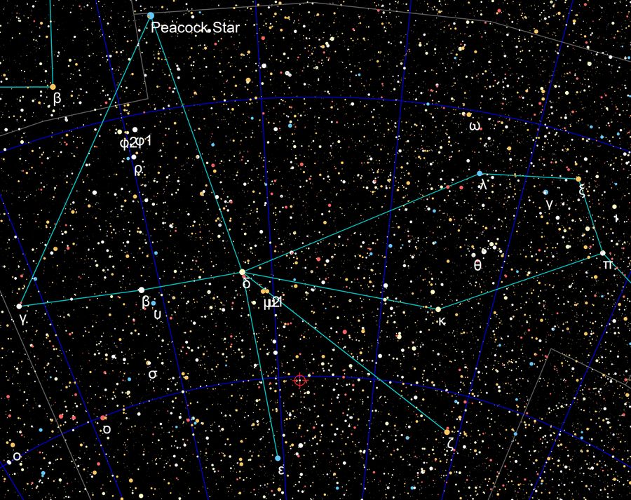 Звезда HD 186302 (выделена красным) в созвездии Павлина. Фото © Wikipedia 