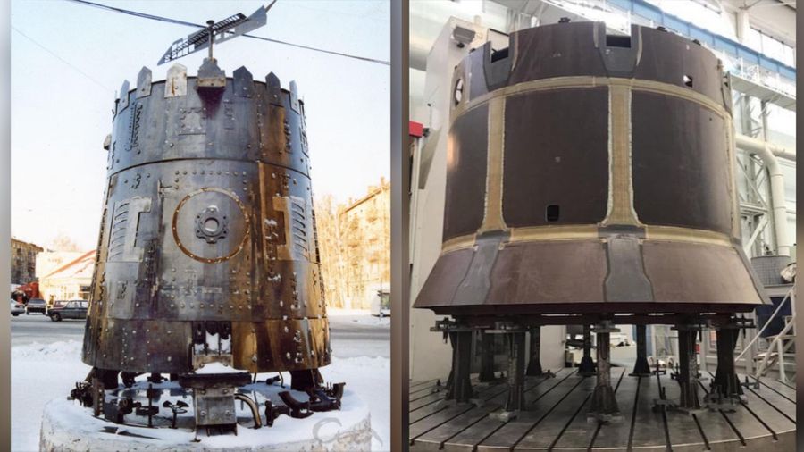 Модель пепелаца из к/ф "Кин-дза-дза" (слева) и компонент космического корабля "Орёл" (справа) Фото © Wikipedia / Twitter / Rogozin 