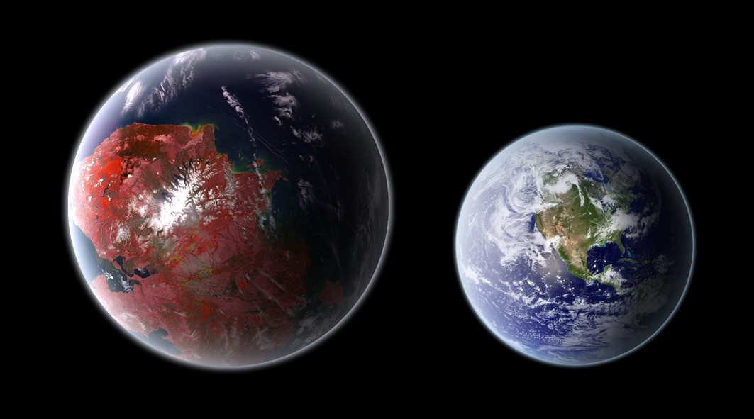 Планета Kepler-452b в сравнении с Землёй. Фото © Wikimedia Commons