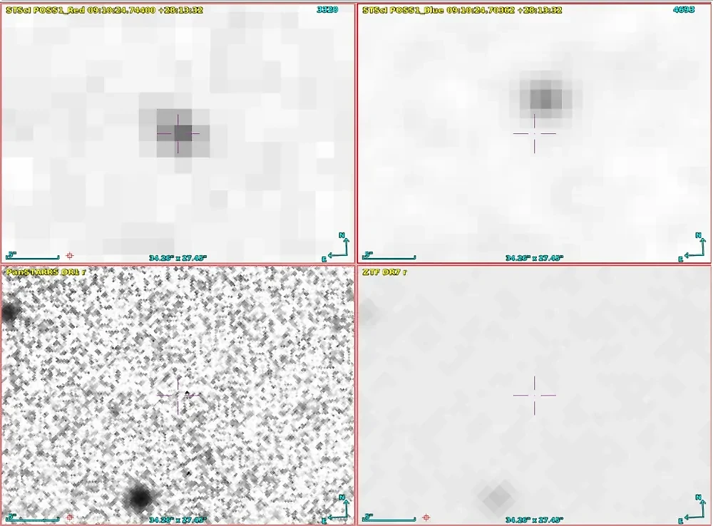 Сравнение снимков одного и того же участка неба, сделанных в 1950-е годы (сверху) и в XXI веке (снизу). Обнаружение исчезающих объектов на красных изображениях POSS I с помощью виртуальной обсерватории. Фото © academic.oup.com
