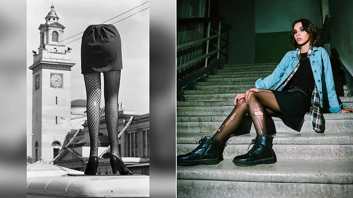 Реклама колготок на площади Киевского вокзала в Москве. Август 1988 года. (слева) Стиль гранж (справа). Фото © ТАСС / Валерий Христофоров, © Shutterstock