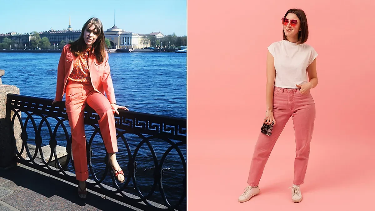 Манекенщица во время демонстрации брючного костюма в комплекте с блузой из ситца, разработанного художниками-модельерами Ленинградского дома моделей Мариной Титовой и Зоей Волокитиной, на Университетской набережной реки Невы. Май 1970 года. Справа — современный вариант. Фото © ТАСС / Павел Федотов, © Freepik