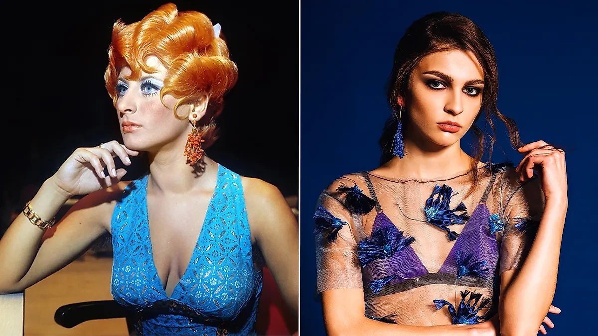 Слева — модель 1974 год. Современная женская мода предлагает носить вещи, при которых женское бельё специально выставляется напоказ. (Справа) Фото © ТАСС / Виталий Созинов, Борис Трепетов, © Shutterstock