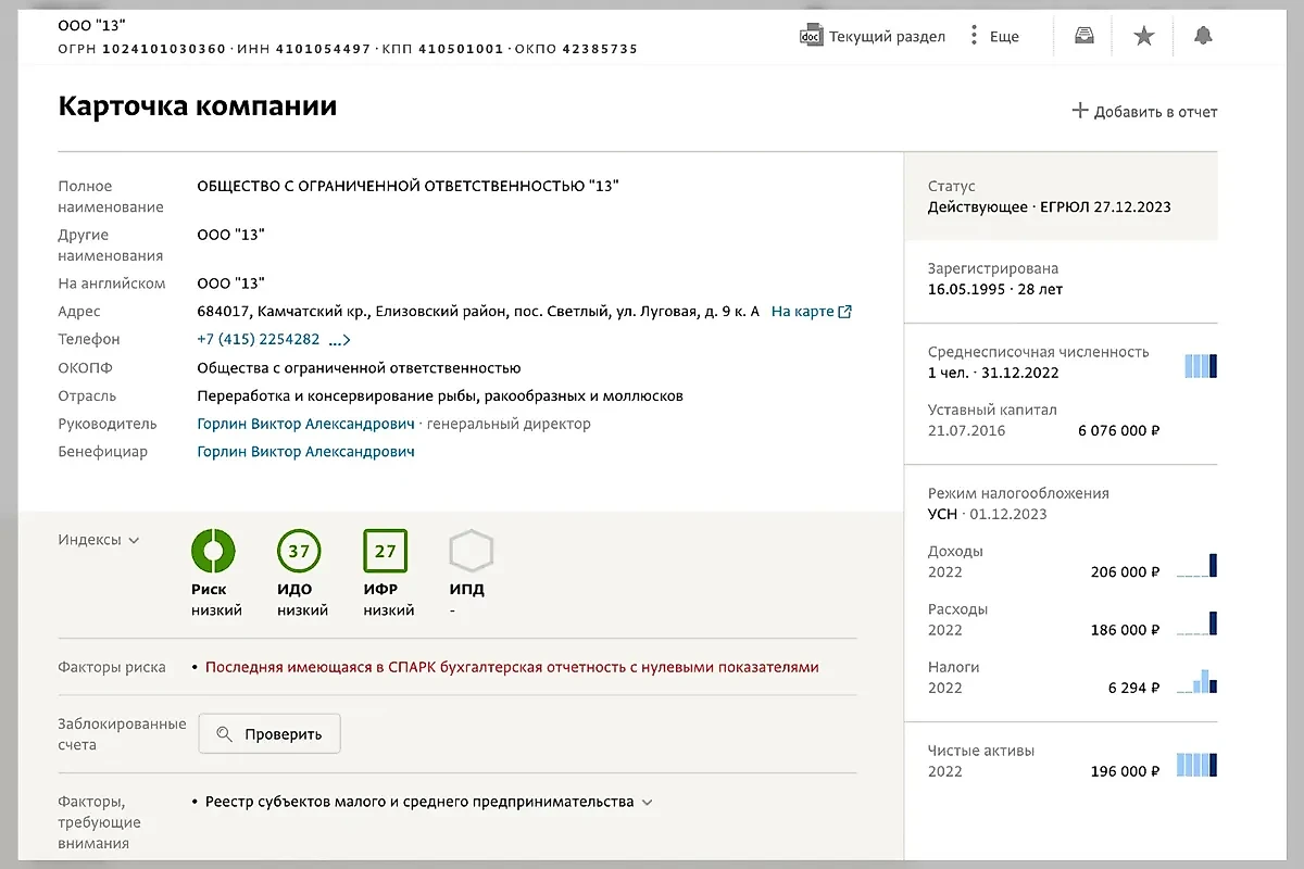Это тоже "13". С той же сферой деятельности, с теми же сертификатами. На бумаге фирма является действующей, однако в реальности, похоже, нет. Фото © СПАРК-ИНТЕРФАКС 