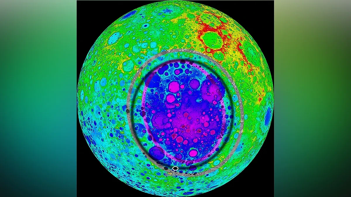 Топографическая карта бассейна Южный полюс – Эйткен на обратной стороне Луны. Фото © Wikipedia