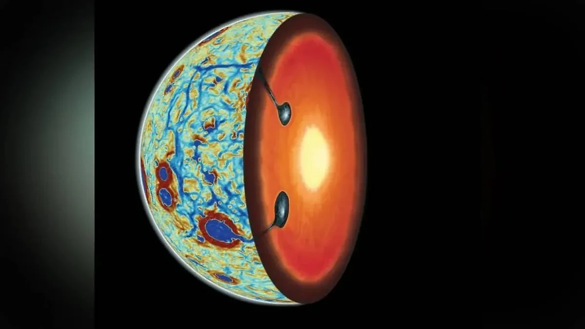 Схематическая иллюстрация процесса оседания тяжёлых богатых титаном пород в мантию Луны. Фото © lpl.arizona.edu