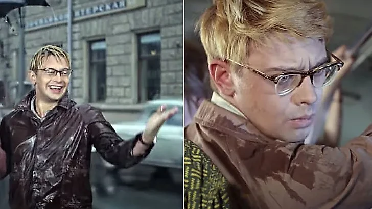 Какой косяк был в фильме СССР "Операция "Ы" и другие приключения Шурика"? В одной сцене он промок до нитки, а в следующей был почти полностью сухой. Кадр из фильма "Операция "Ы" и другие приключения Шурика", режиссёр Леонид Гайдай, сценаристы Яков Костюковский, Морис Слободской / Kinopoisk