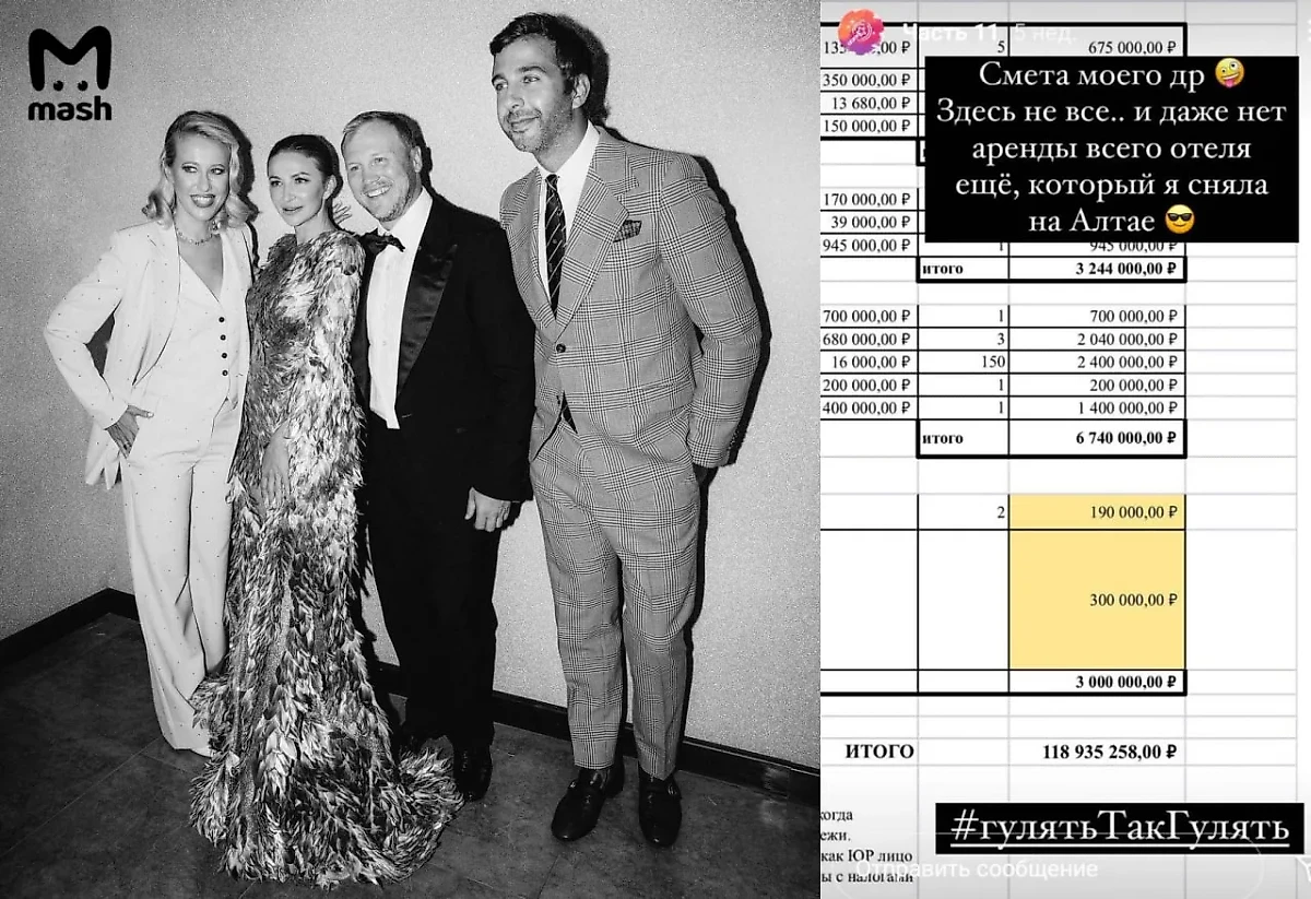 Блиновская сама показывала смету своего 40-летия в соцсетях. С её слов, гуляние вылилось в кругленькую сумму — не менее 119 миллионов рублей. Фото © Instagram / elena_blinovskaya*, Mash
