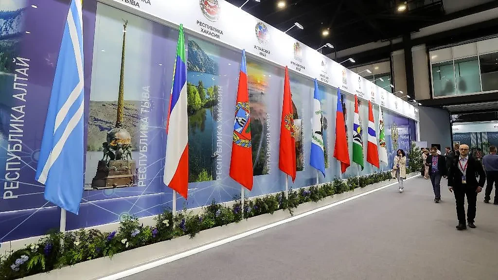 Стенд с флагами регионов России на XXVI Петербургском международном экономическом форуме. Фото © ТАСС /