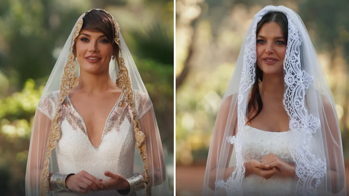 Участницы проекта Ольга Меганская и Валерия Некрасова в свадебных платьях. Фото © Невеста. Экстра любовь / Rutube