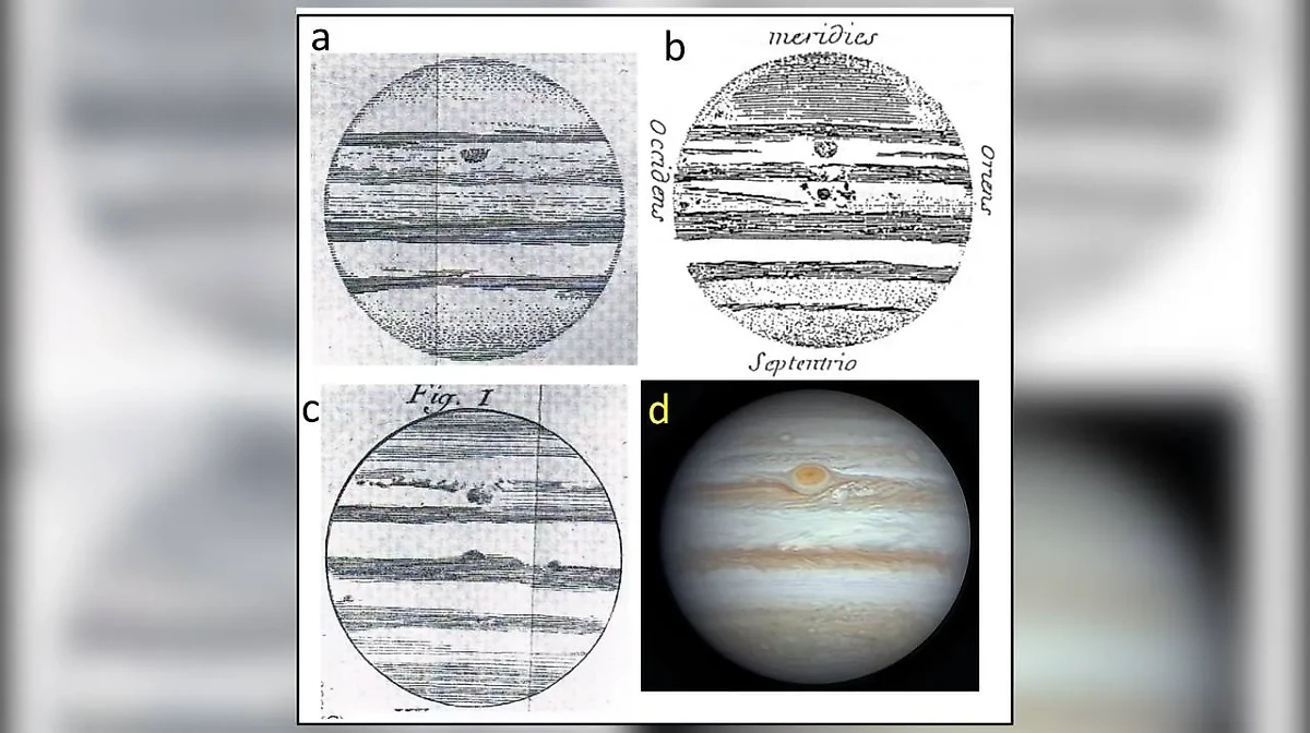 Сравнение рисунков Юпитера, сделанных Джованни Кассини в XVII веке, с одним из современных снимков планеты. Фото © news.agu.org