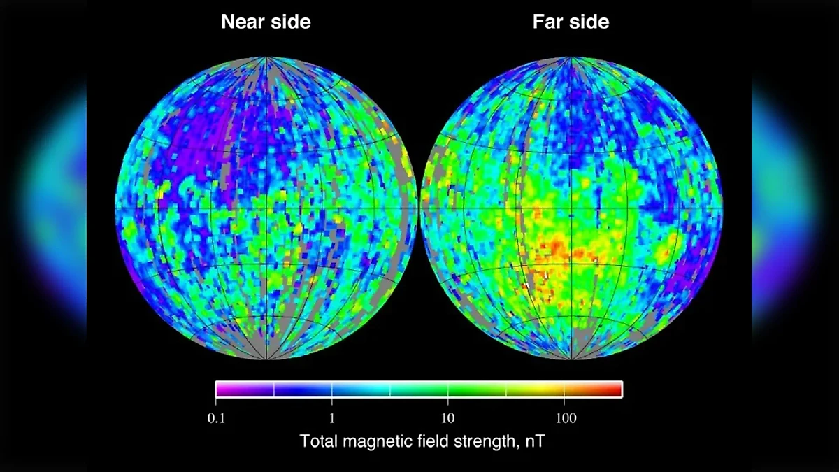 Карта магнитного поля Луны, составленная по данным зонда Lunar Prospector. Фото © Wikipedia / Mark A. Wieczorek