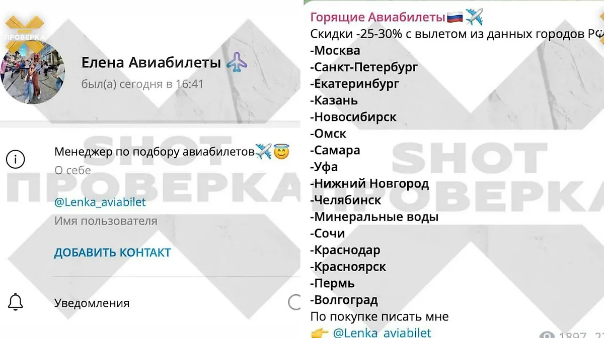 Аккаунт женщины, которая предлагала горящие авиабилеты. Коллаж © SHOT ПРОВЕРКА