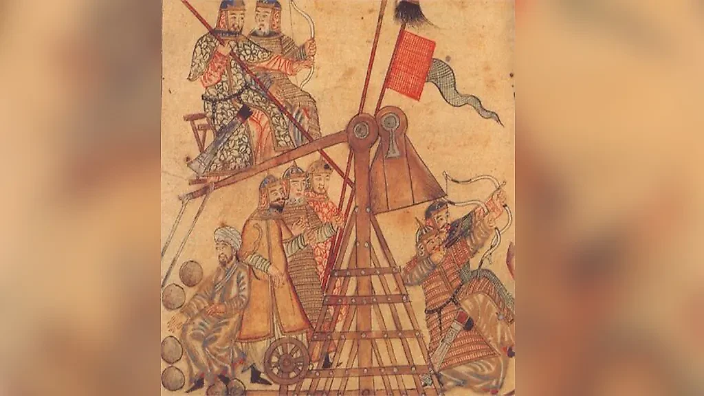Тяжеловооружённые монгольские воины рядом с осадным орудием. Миниатюра из хроники Рашида ад-Дина. Фото © Wikipedia