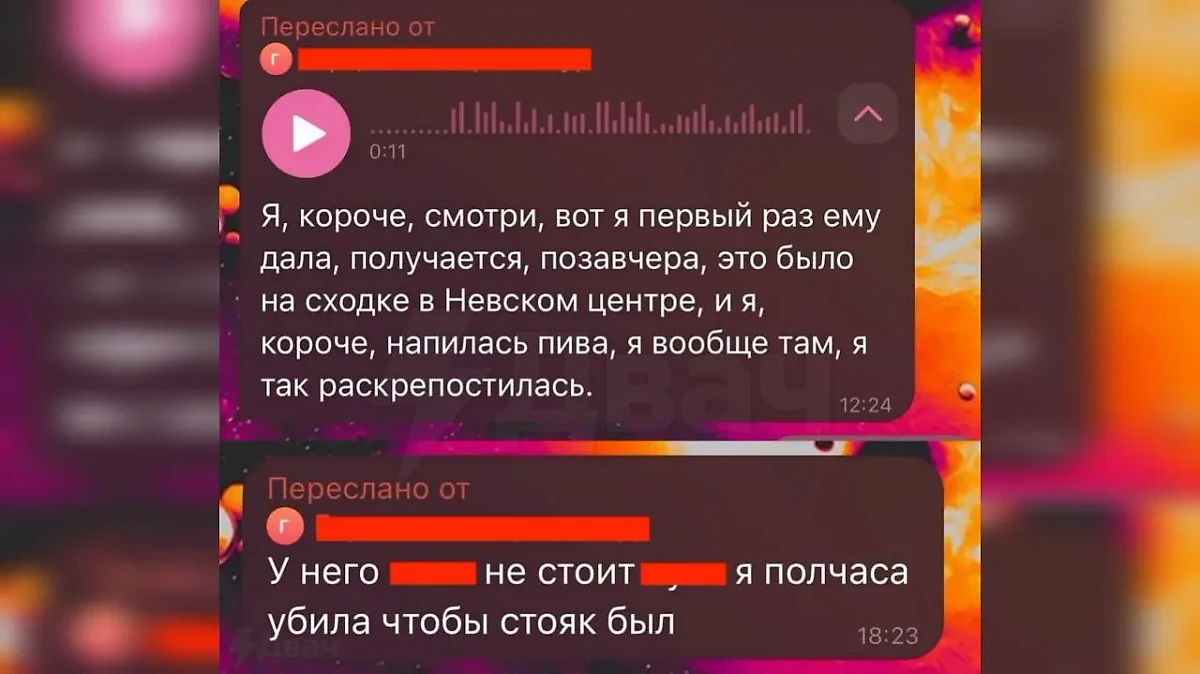 Фрагменты переписки предполагаемой участницы секса с Поднебесным с подругой. Девушки обсуждают полученный опыт. Фото © Telegram / Двач 