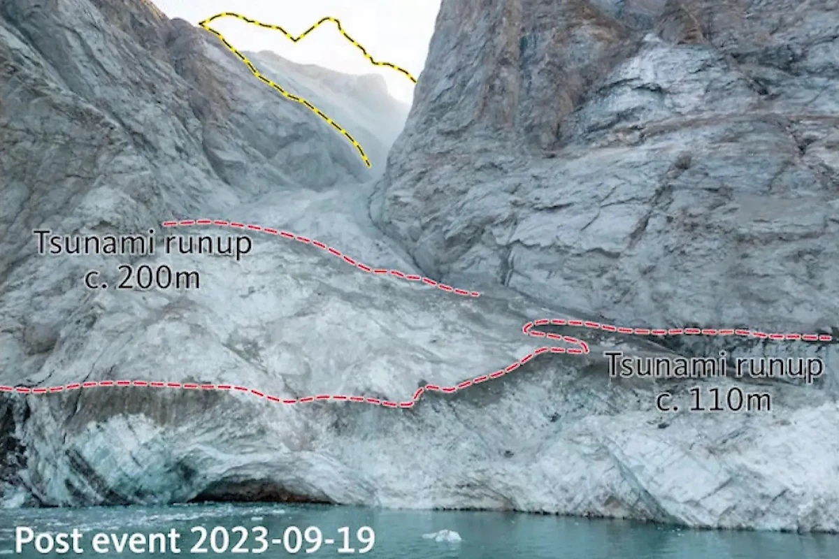 Сравнение снимков скал Диксон-фьорда в Гренландии до и после получения необычных сейсмических сигналов. Фото © theconversation