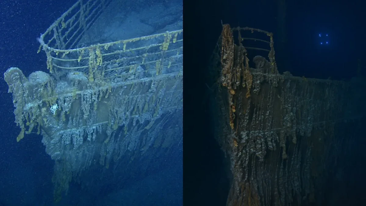 Носовая часть «Титаника» до и после обрушения перил. Обложка © X / RMS Titanic, Inc. / RMS Titanic, Inc.