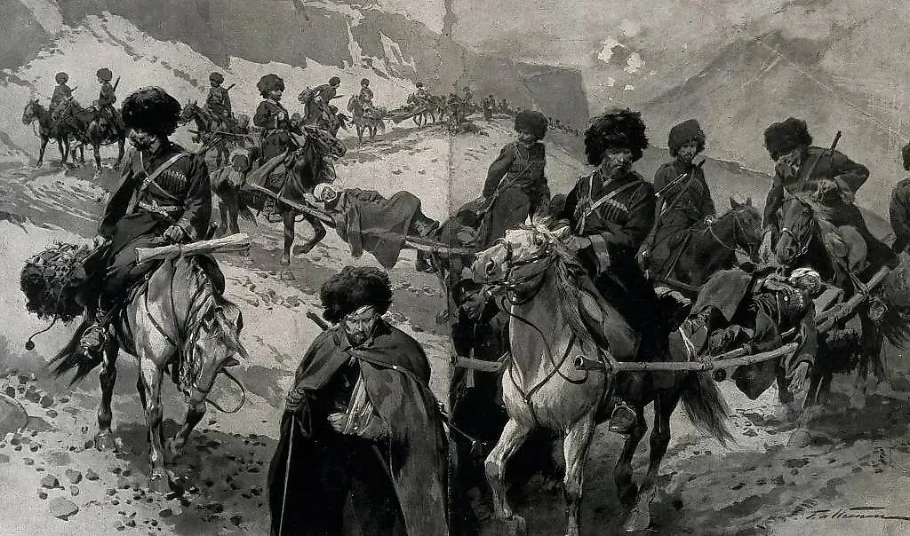 Казаки переносят раненых на импровизированных носилках во время Первой мировой войны. Фото © Wikipedia / Фредерик де Ханен