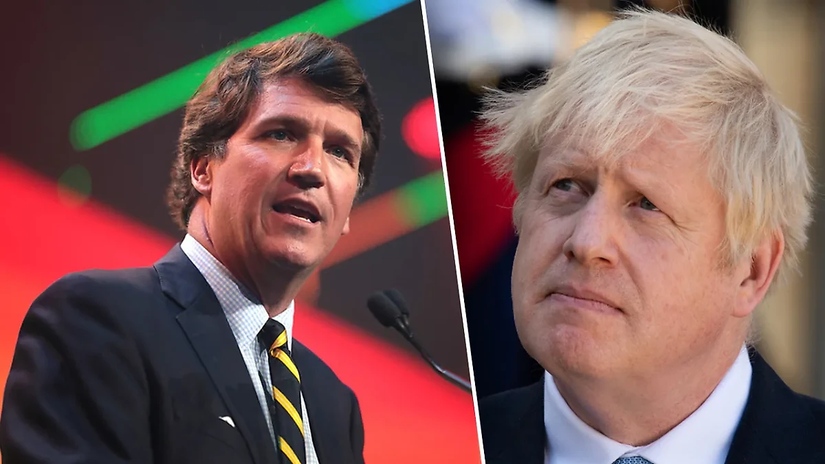 Американский журналист Такер Карлсон и экс-премьер Британии Борис Джонсон. Обложка © flickr / Gage Skidmore / shutterstock