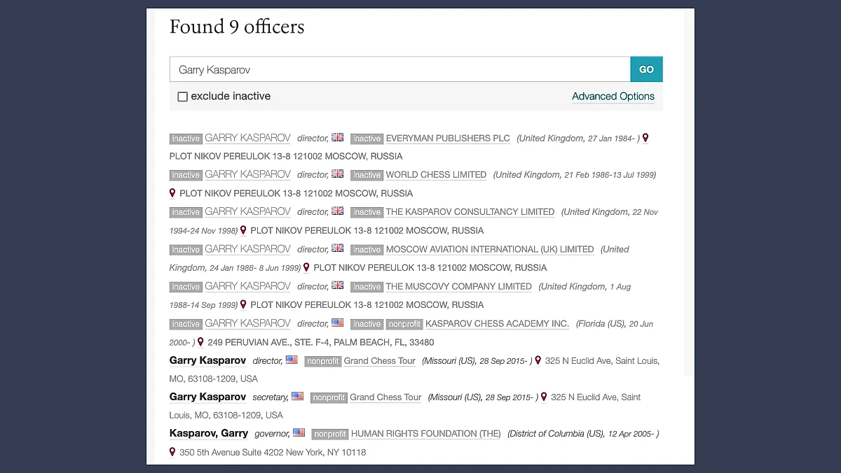 Как видно, свой бизнес-путь Гарри Каспаров* начинал с британской юрисдикции. Возможно, тогда он и определился со своим отношением к России. Фото © opencorporates.com