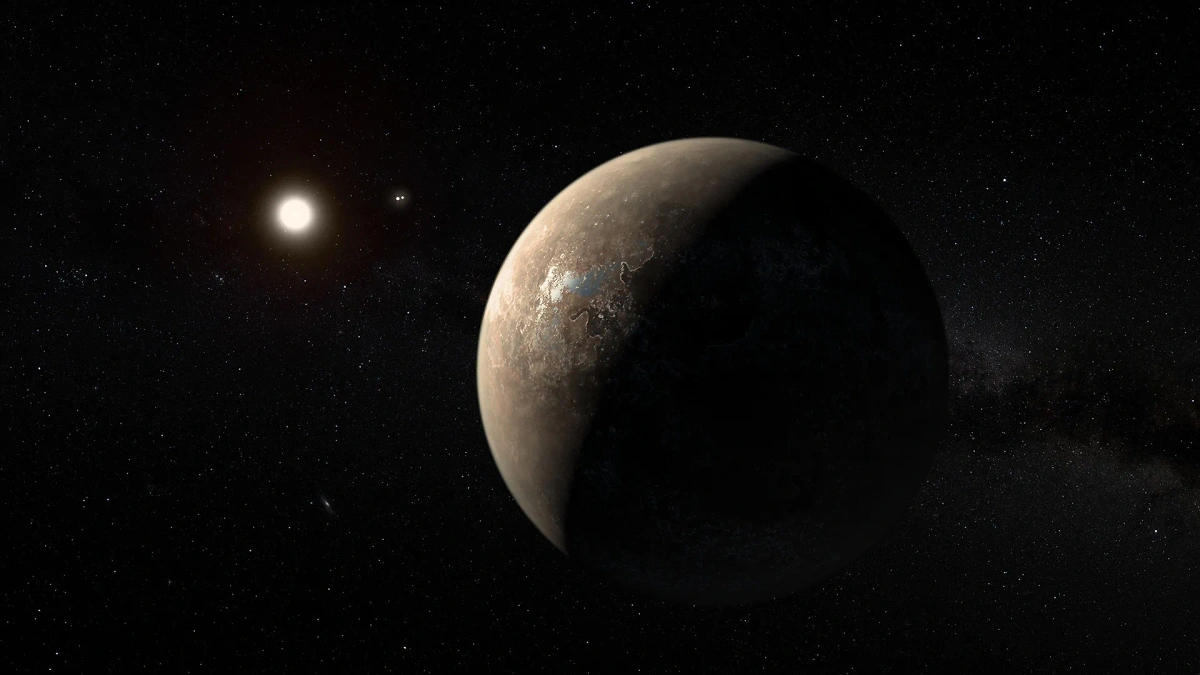 Планета Проксима Центавра b возле ближайшей к Солнцу звезды, расположенной примерно в четырёх световых годах от Земли, в представлении художника. Фото © Eso.org 