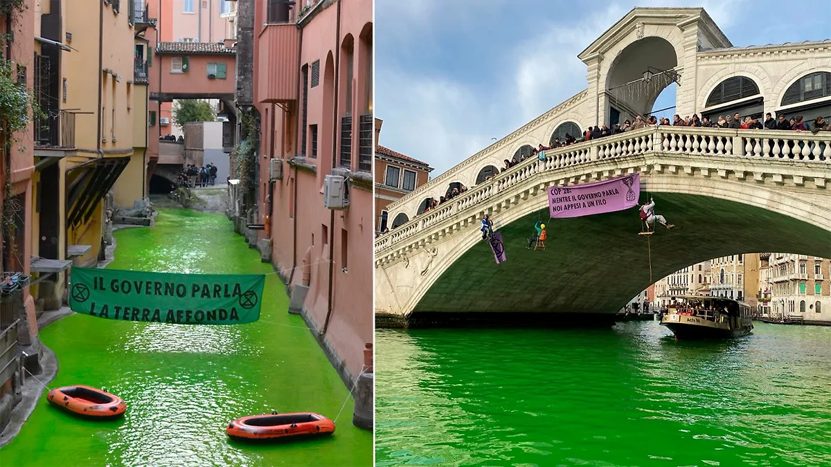 Активисты Extinction Rebellion окрасили воду канала Венеции в зелёный цвет. Обложка © X (бывший Twitter) / XrItaly