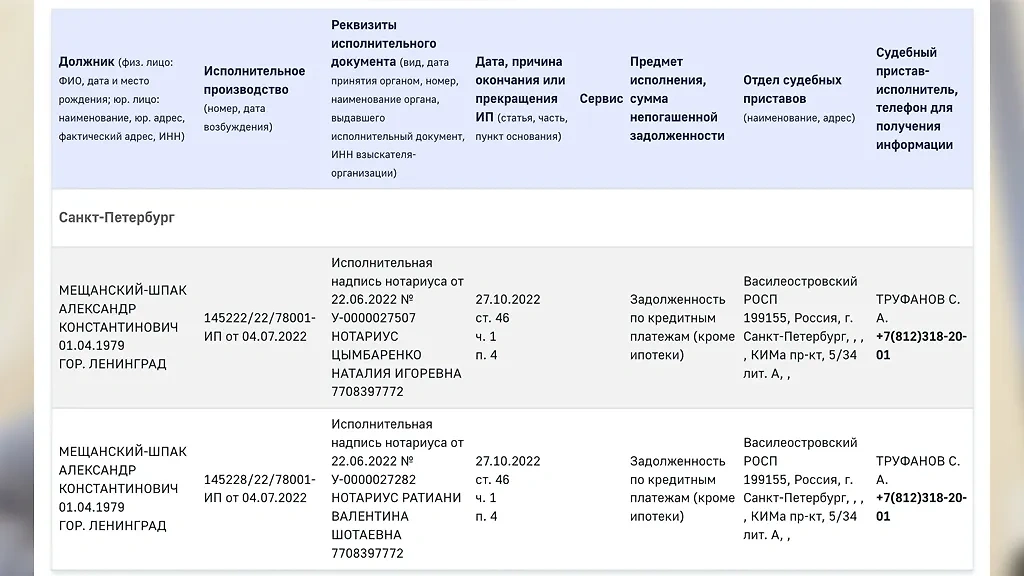 Судя по данным ФССП, долги на Шпаке висят до сих пор. Фото ©  fssp.gov.ru