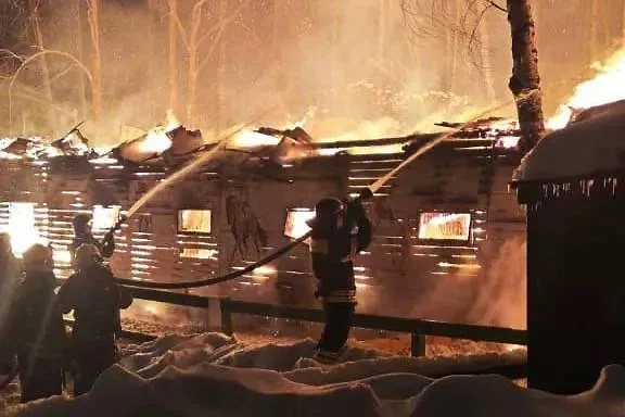 Сотрудники МЧС тушат пожар на конюшне в парке "Лосиный Остров". Обложка © t.me / ПРОКУРАТУРА МОСКВЫ