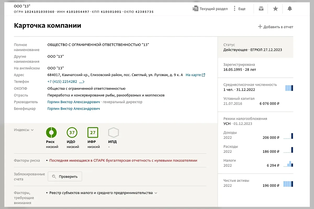 Это тоже "13". С той же сферой деятельности, с теми же сертификатами. На бумаге фирма является действующей, однако в реальности, похоже, нет. Фото © СПАРК-ИНТЕРФАКС 