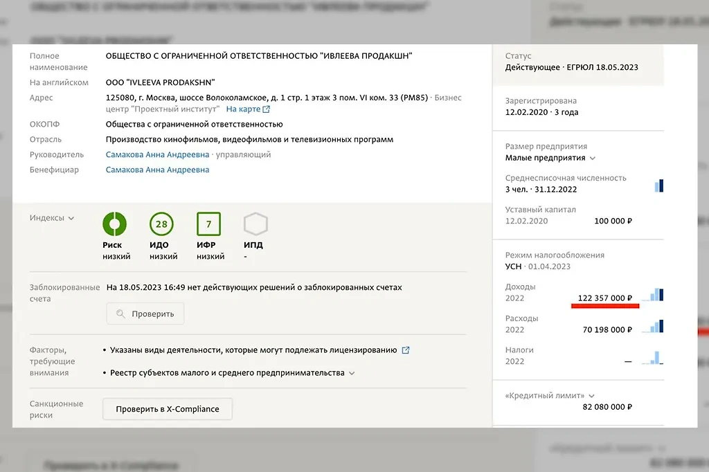 Доходы агентства "Ивлеева продакшн" за 2021–2022 годы составили свыше 250 млн рублей. Примерно столько же ей, вероятно, принесло ИП. Фото © spark-interfax.ru