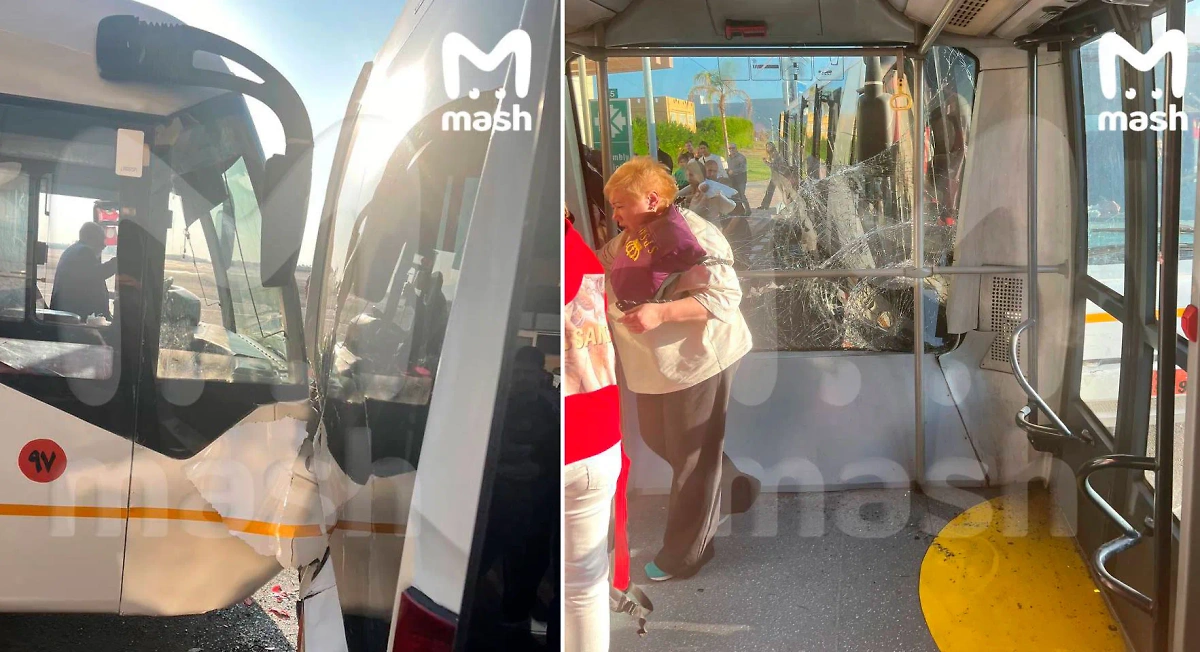 Перонный автобус с российскими туристами попал в ДТП в аэропорту Шарм-эш-Шейха. Обложка © t.me / MASH