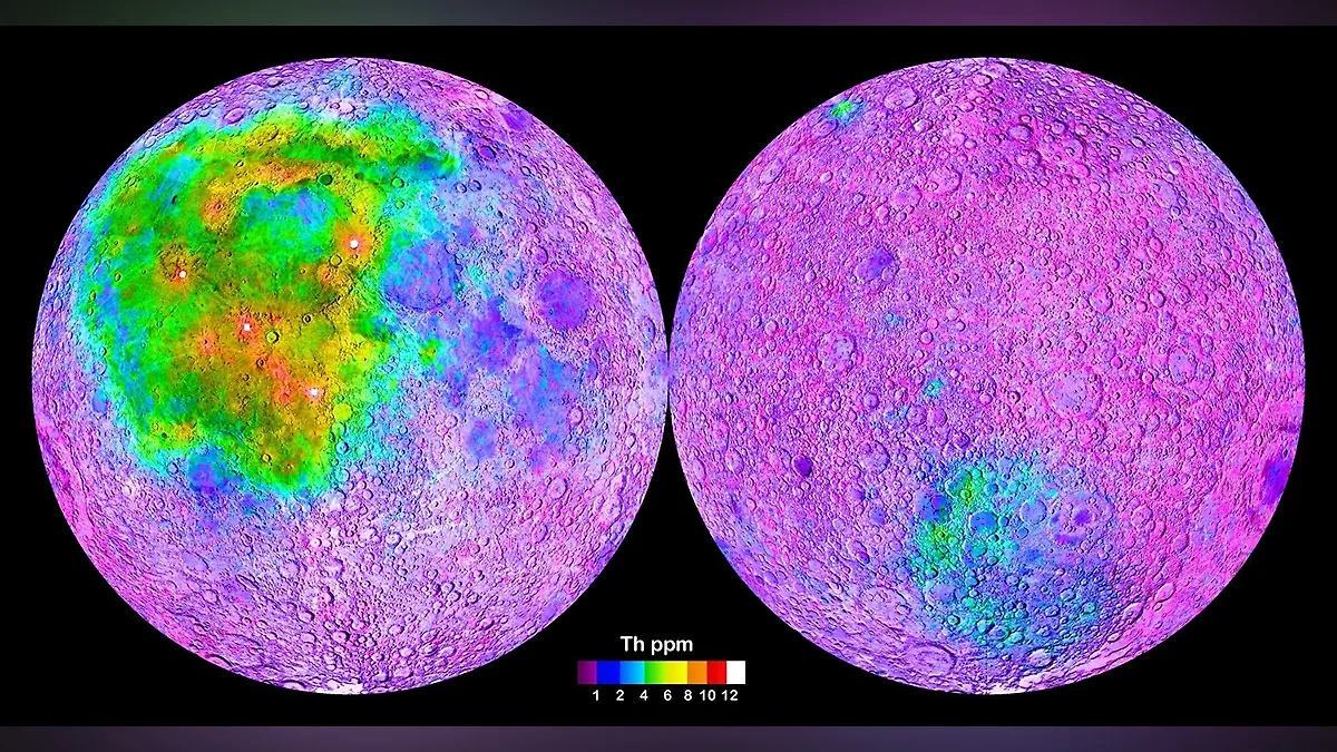 Карта распределения тория на Луне, указывающая на места скоплений редкоземельных элементов (зон под названием KREEP Terrane). Фото © Wikipedia 
