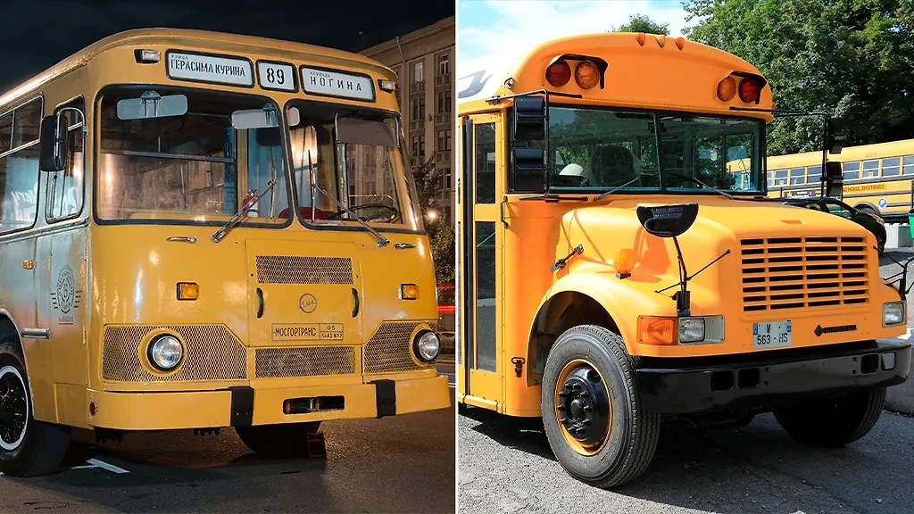 Советский и американский школьные автобусы. Обложка © ТАСС / Роман Вуколов, © Shutterstock / FOTODOM