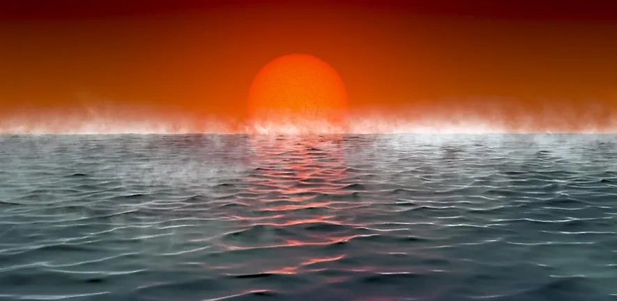 Пейзаж планеты-"гикеана", полностью покрытой водой, с насыщенной водородом атмосферой — в представлении художника. Фото © cam.ac.uk