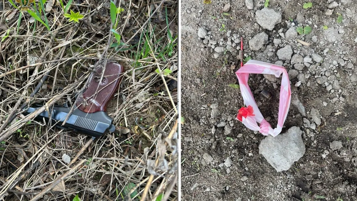 Пистолет и гильза, найденные после убийства предпринимателя в Балашихе. Фото © Telegram / Прокуратура Московской области