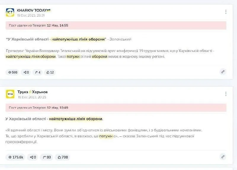 Украинские СМИ и паблики удаляют декабрьскую цитату Зеленского о "мощных фортификационных сооружениях на Харьковщине". Telegram / Будни манипулятора