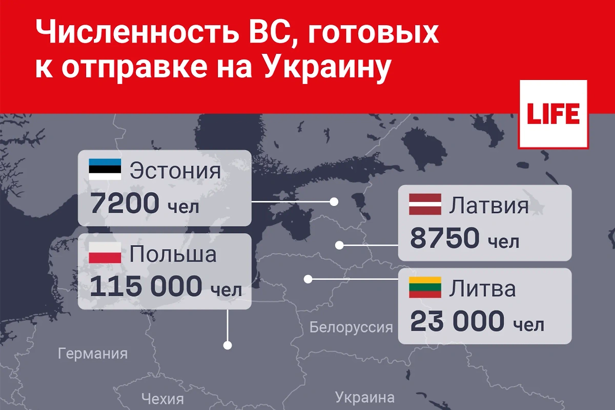Сколько военных готовятся отправить на Украину Польша и страны Прибалтики. Инфографика © Life.ru.