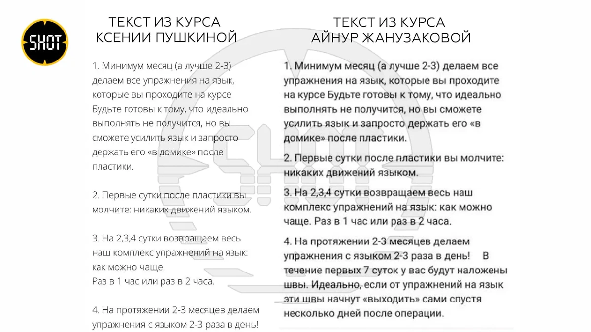 Сравнение текстов из курсов Пушкиной и Жанузаковой. Фото © Telegram / SHOT