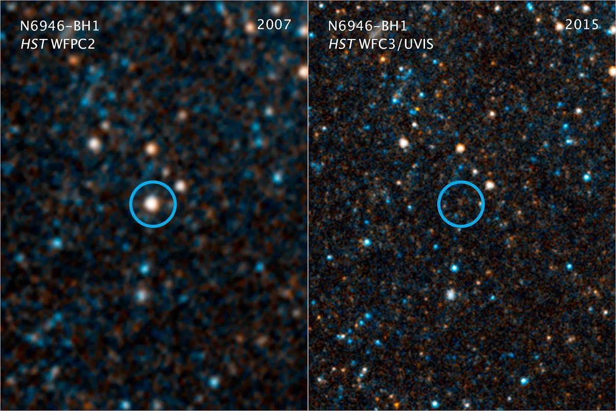 Объект N 6946-BH1, который считают "неудавшейся сверхновой", на снимках 2007 и 2015 годов. Фото ©  Wikipedia / NASA / ESA / C. Kochanek