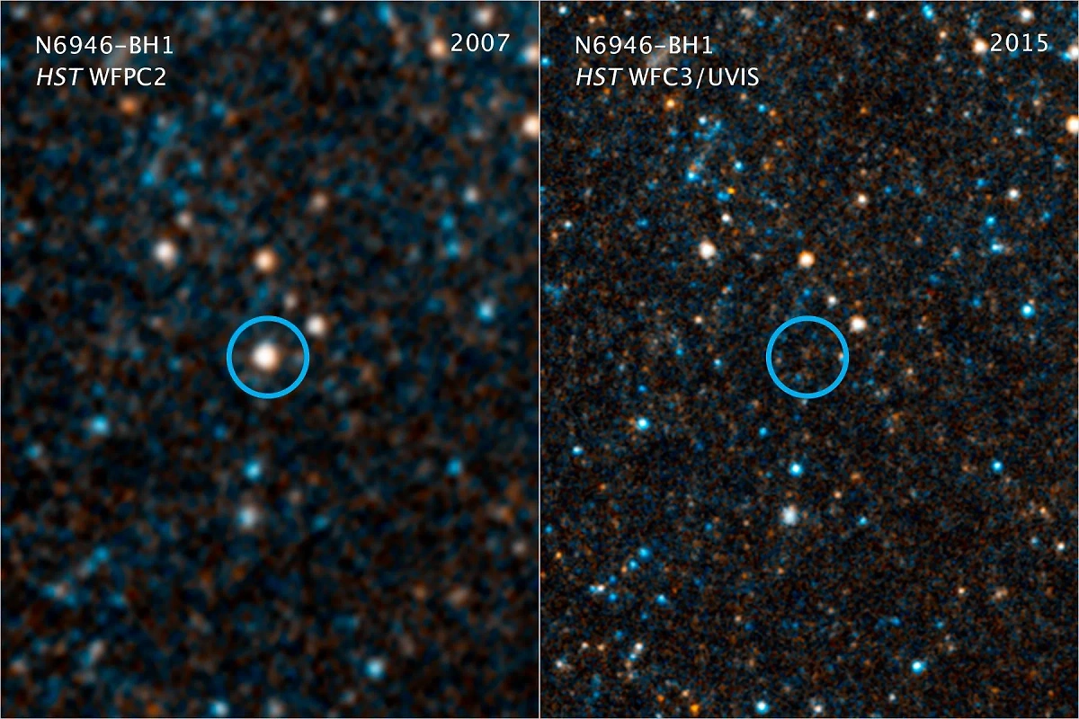 Объект N 6946-BH1, который считают "неудавшейся сверхновой", на снимках 2007 и 2015 годов. Фото © Wikipedia / NASA / ESA / C. Kochanek