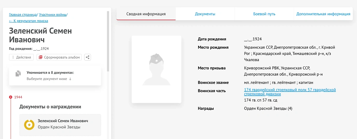 Согласно данным базы "Память народа", Семён Иванович Зеленский родился в Кривом Роге в 1924 году. Фото © pamyat-naroda