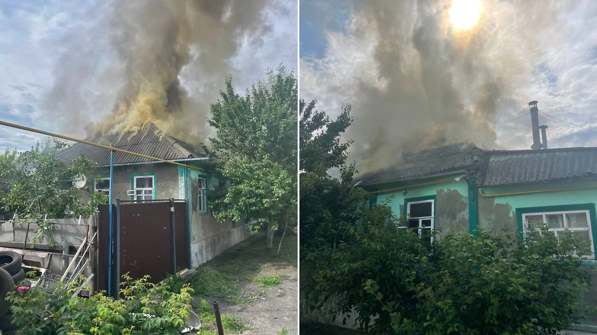 Пожар в доме, который попал под обстрел ВСУ в Курской области. Обложка © Telegram / Алексей Смирнов