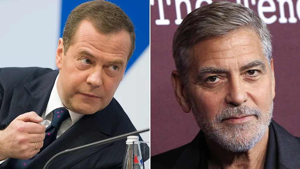 Дмитрий Медведев и Джордж Клуни. Обложка © Shutterstock / FOTODOM / Anton Veselov, © ТАСС / EPA