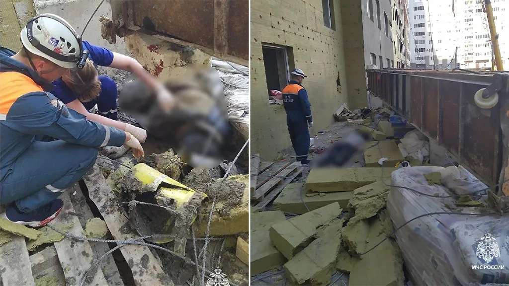 В Уфе три человека погибли при падении строительной люльки. Фото © Telegram / МЧС Башкортостан